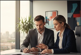 Business professionals reviewing a financial plan at a table